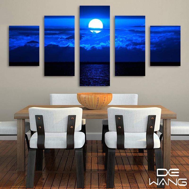 Moon Over Blue Sky And Lake – Nature Canvas Wall Art