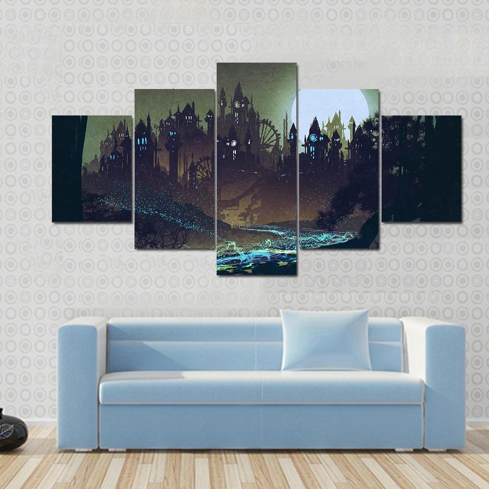 Moon Over Castle Illustration – Nature Canvas Wall Art
