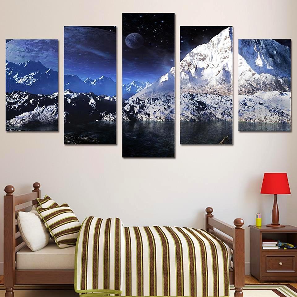 Moon Scenery Snow Mountain Lake – Space Universe Canvas Wall Art