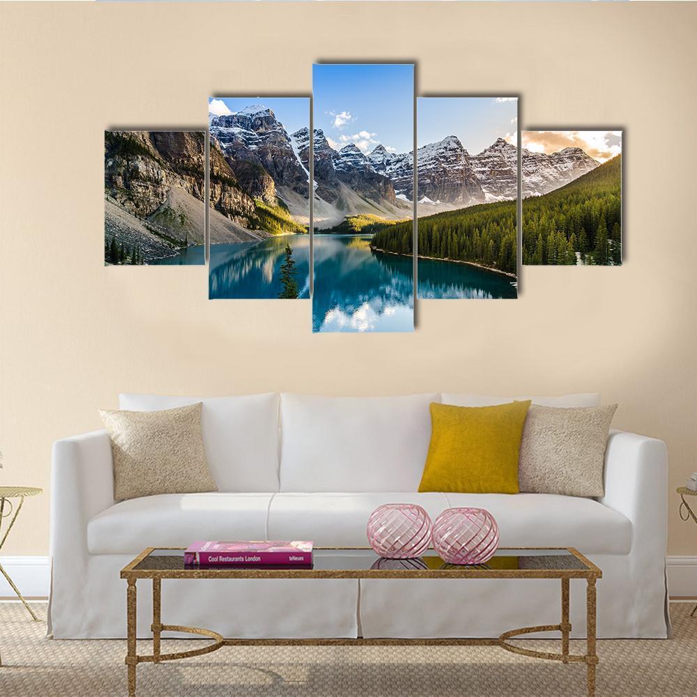 Moraine Lake And Mountain Range At Sunset – Nature Canvas Wall Art