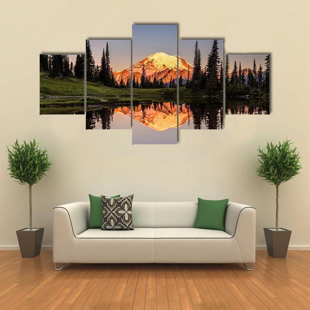 Mount Rainier Reflection From Tipsoo Lake At Sunrise Nature – Canvas Wall Art