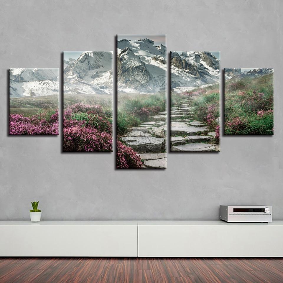Mountain And Path Flowers – Nature Canvas Wall Art