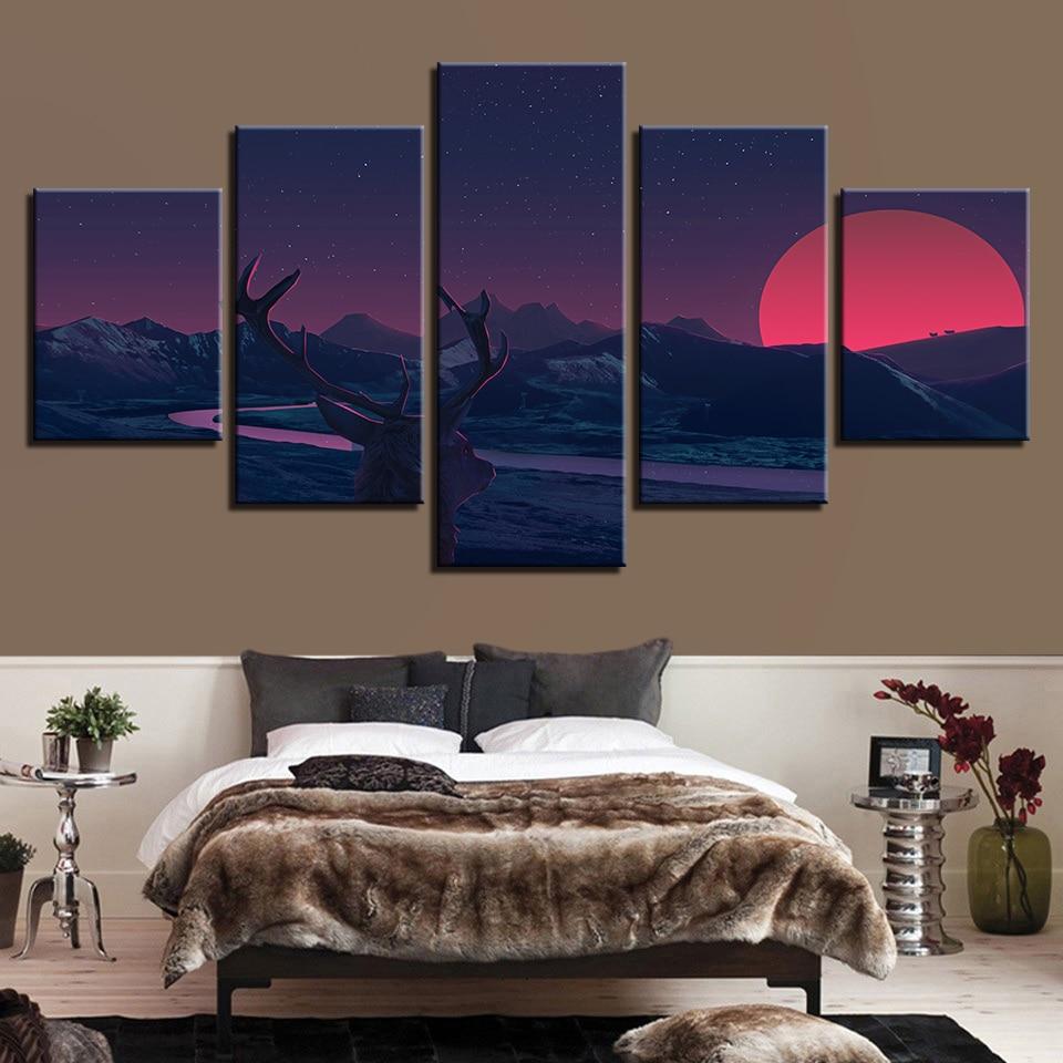 Mountain And Red Moon – Nature Canvas Wall Art