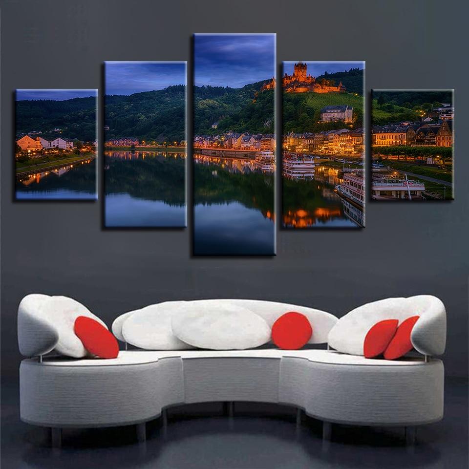 Mountain Building And River Ship – Nature Canvas Wall Art