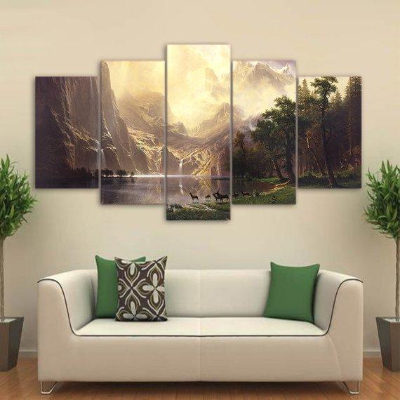 Mountain Deers Forest Lake Trees – Nature Canvas Wall Art
