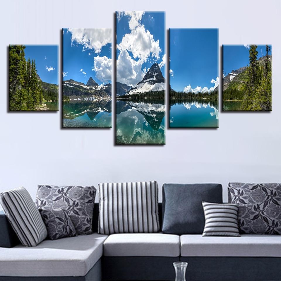 Mountain Lake Blue Sky White Cloud – Nature Canvas Wall Art
