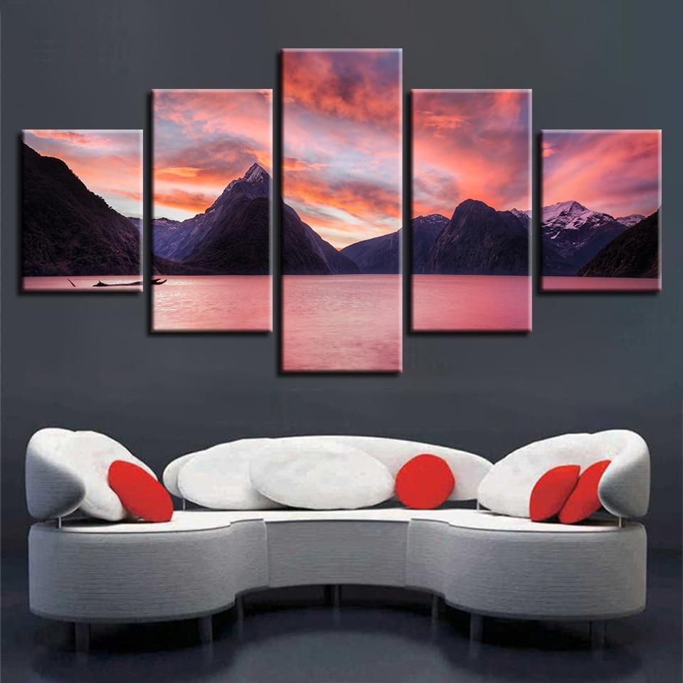 Mountain Lake Red Clouds – Nature Canvas Wall Art
