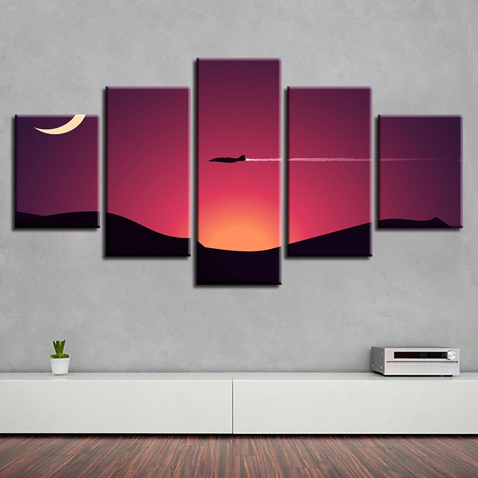 Mountain Moon And Aircraft Sunset – Nature Canvas Wall Art