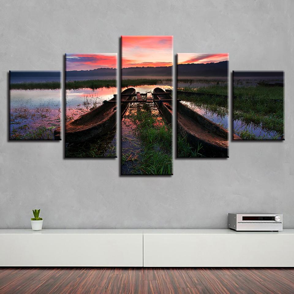 Mountain Ship River Grass – Nature Canvas Wall Art