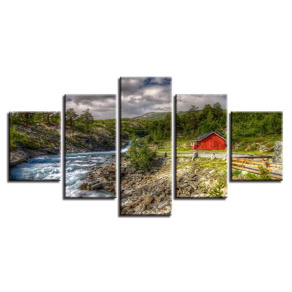 Mountain Trees Stream River Red Barn Landscape – Nature Canvas Wall Art