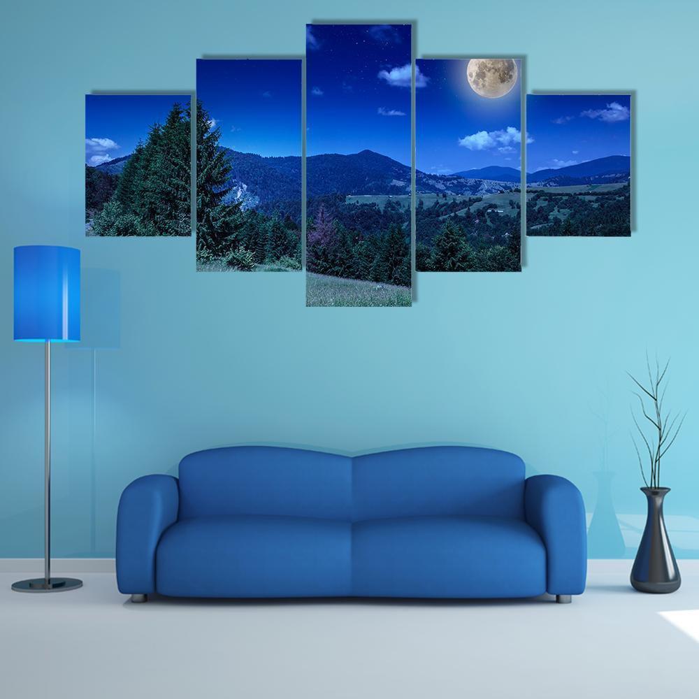 Mountain View From Green Meadow On Summer Night – Nature Canvas Wall Art