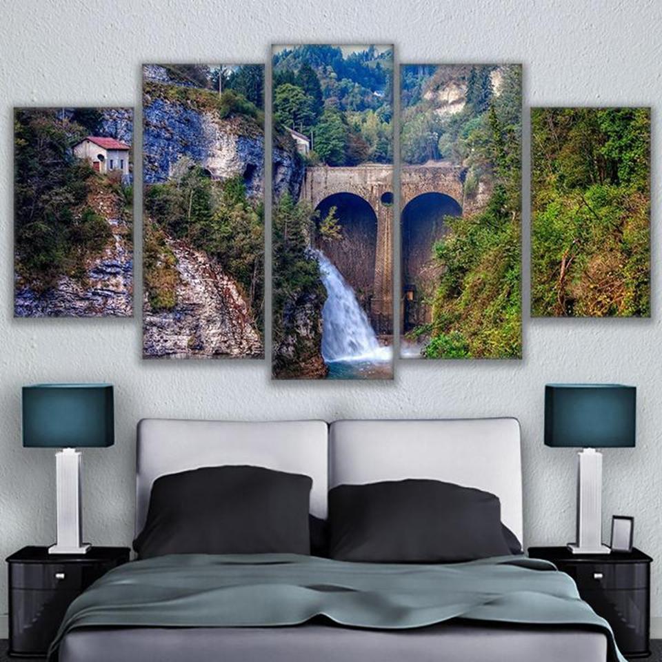 Mountain Waterfall Bridge Natural – Nature Canvas Wall Art