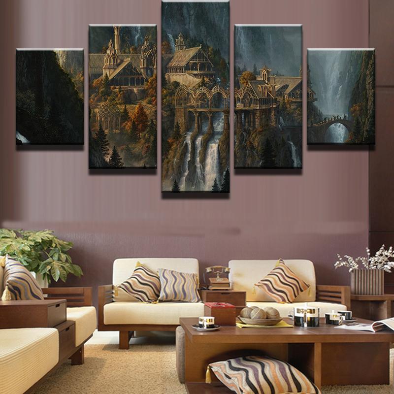 Mysterious Castle In Waterfall Mountain – Nature Canvas Wall Art