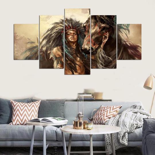 Native American With Horse – Animal Canvas Wall Art