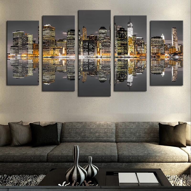 New York City Night Skyline Reflection – Nature Canvas Wall Art