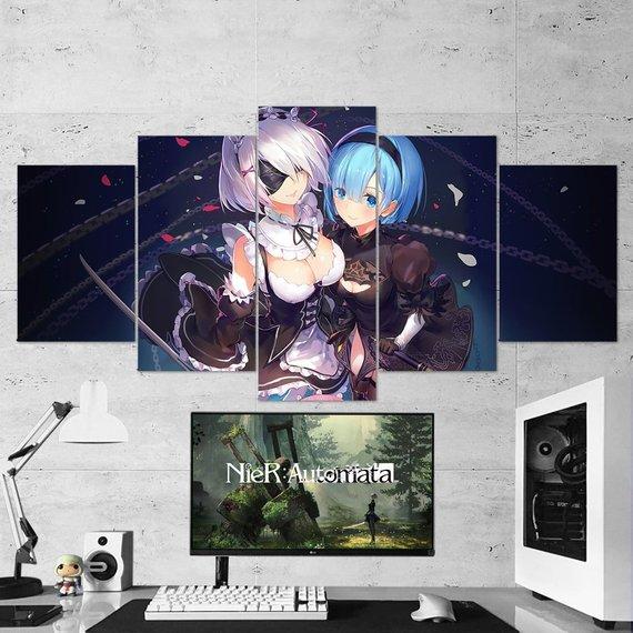 Nier Automata 2B Rem And Ram Re Zero Gaming Canvas Wall Art