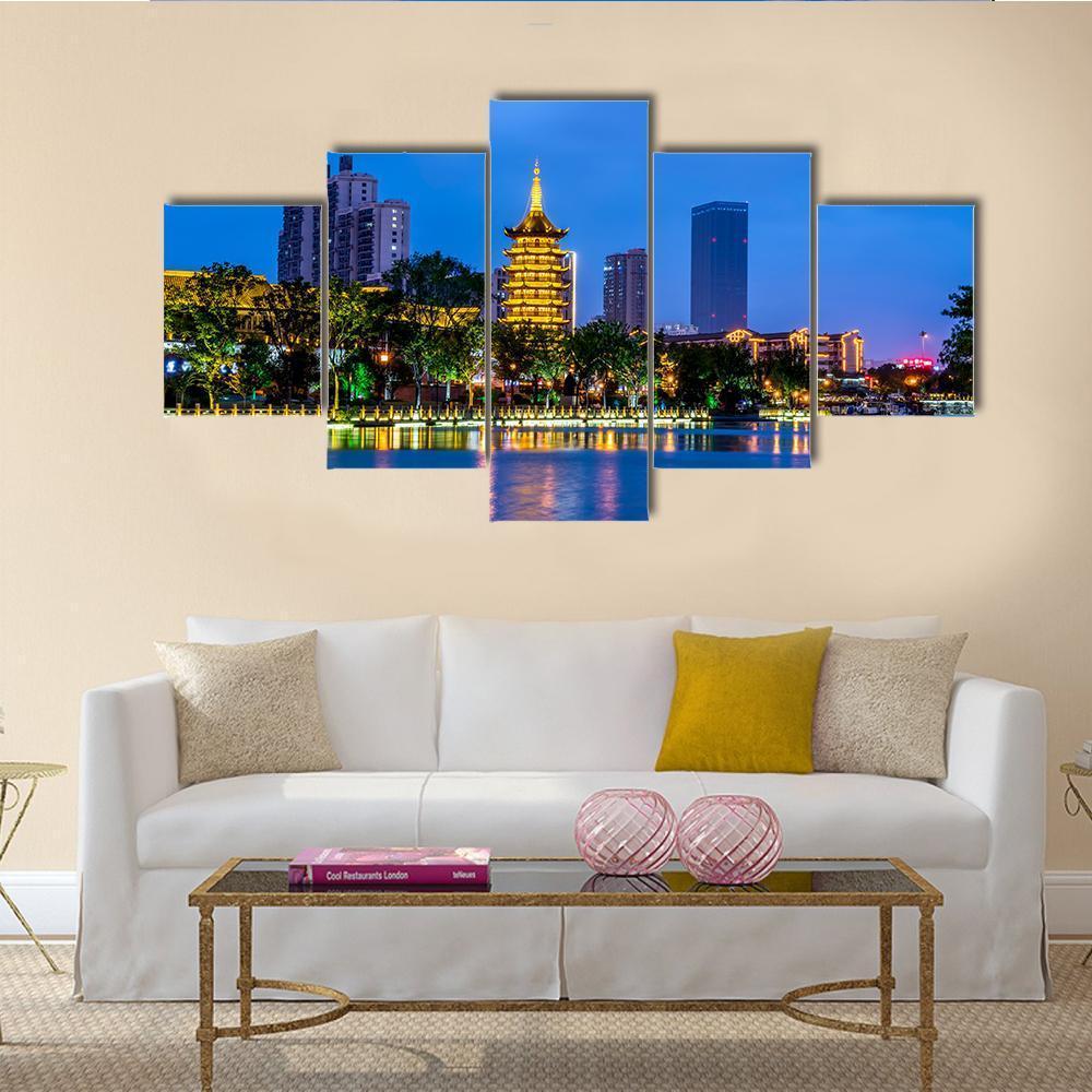 Night View Of Qingjiang Pu Building In Huaian – Nature Canvas Wall Art