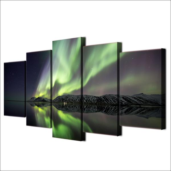 Northern Lights Aurora Lake Mountain – Nature Canvas Wall Art