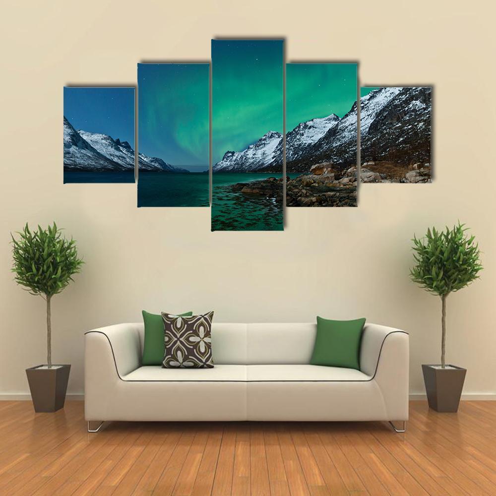 Northern Lights Reflection With Fjords – Nature Canvas Wall Art
