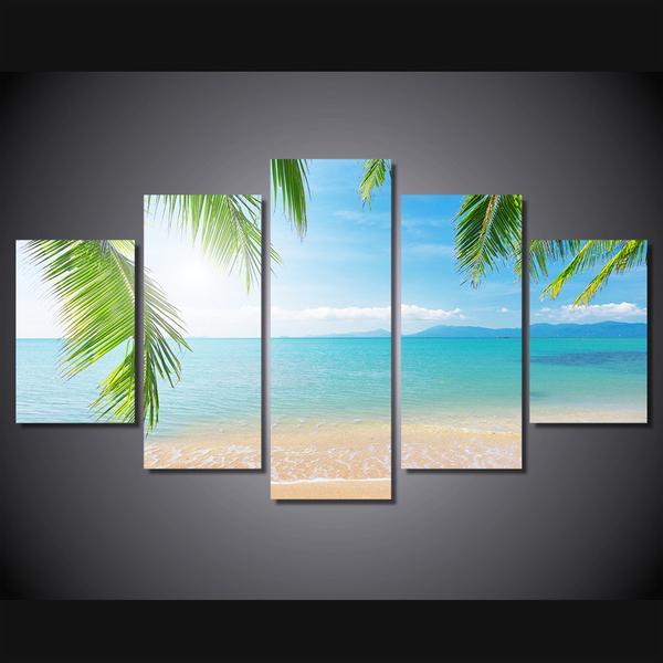 Ocean Beach With Palm Fronds – Nature Canvas Wall Art