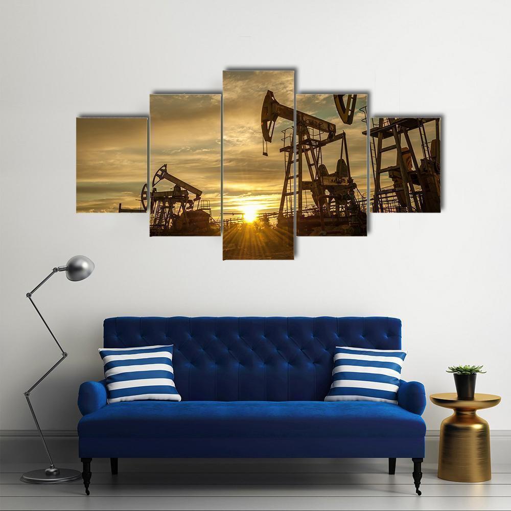 Oil Pump Jacks At Sunset Sky Nature – Canvas Wall Art