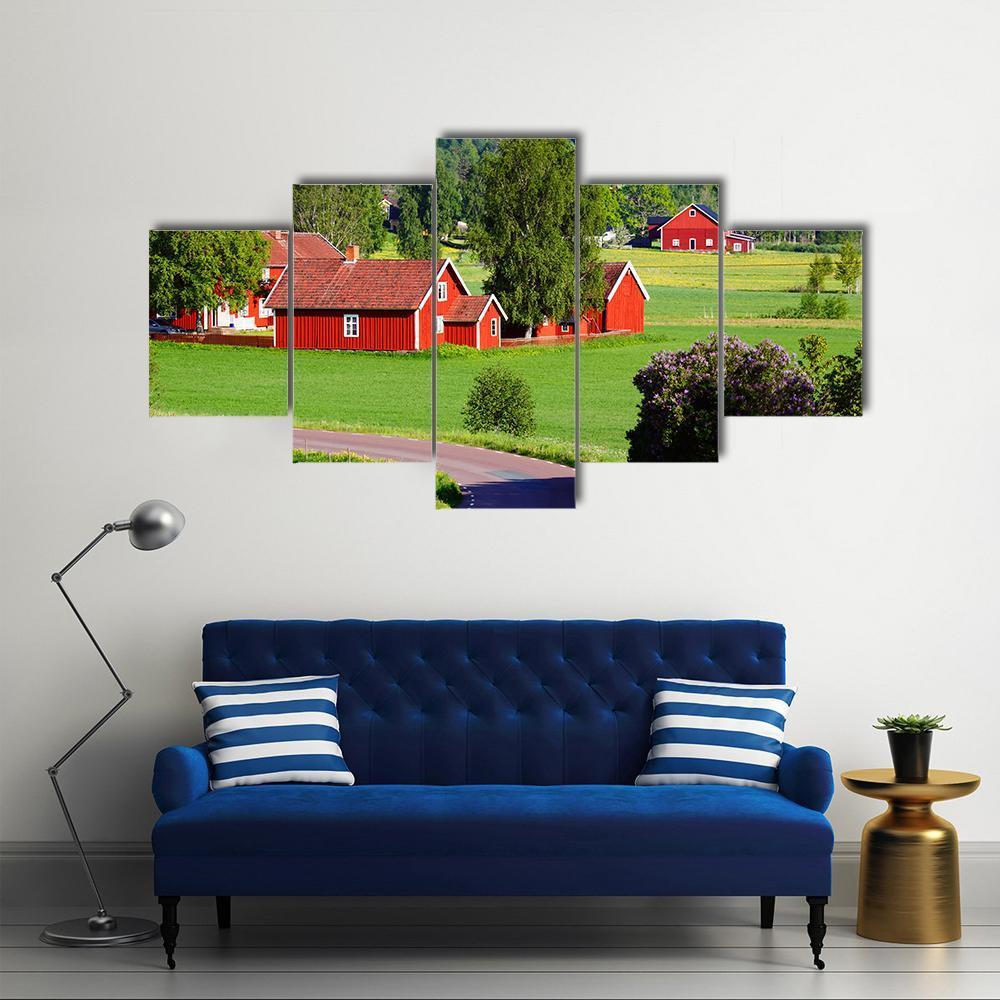 Old Red Farm Houses In A Rural Landscape – Nature Canvas Wall Art