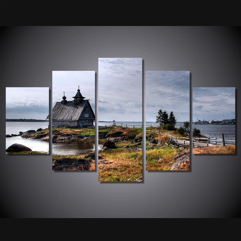 Old Small House On River Shore – Nature Canvas Wall Art