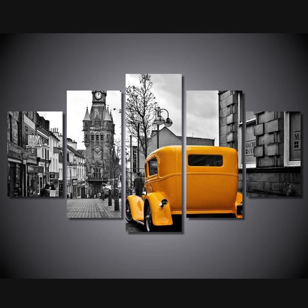 Old Yellow Classic Ford Street Rod With Grey City 01 – Nature Canvas Wall Art