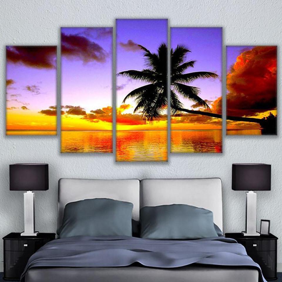 Orange And Rsky Palm Tree Sea – Nature Canvas Wall Art
