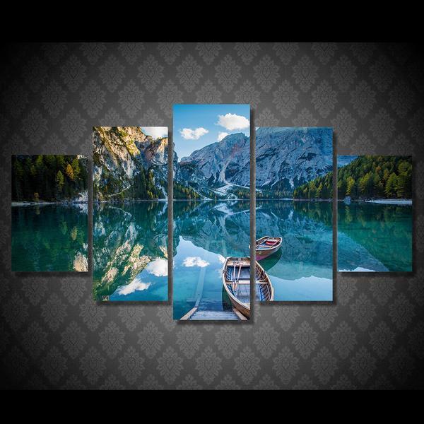 Ozero Paluba Lodki Gory Row Boats And Mountains Blue Sky 01 – Nature Canvas Wall Art