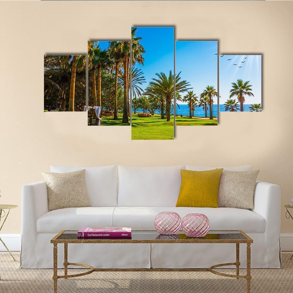 Palm Grove And Green Grass Lawns On Shore Of Sea Island – Nature Canvas Wall Art