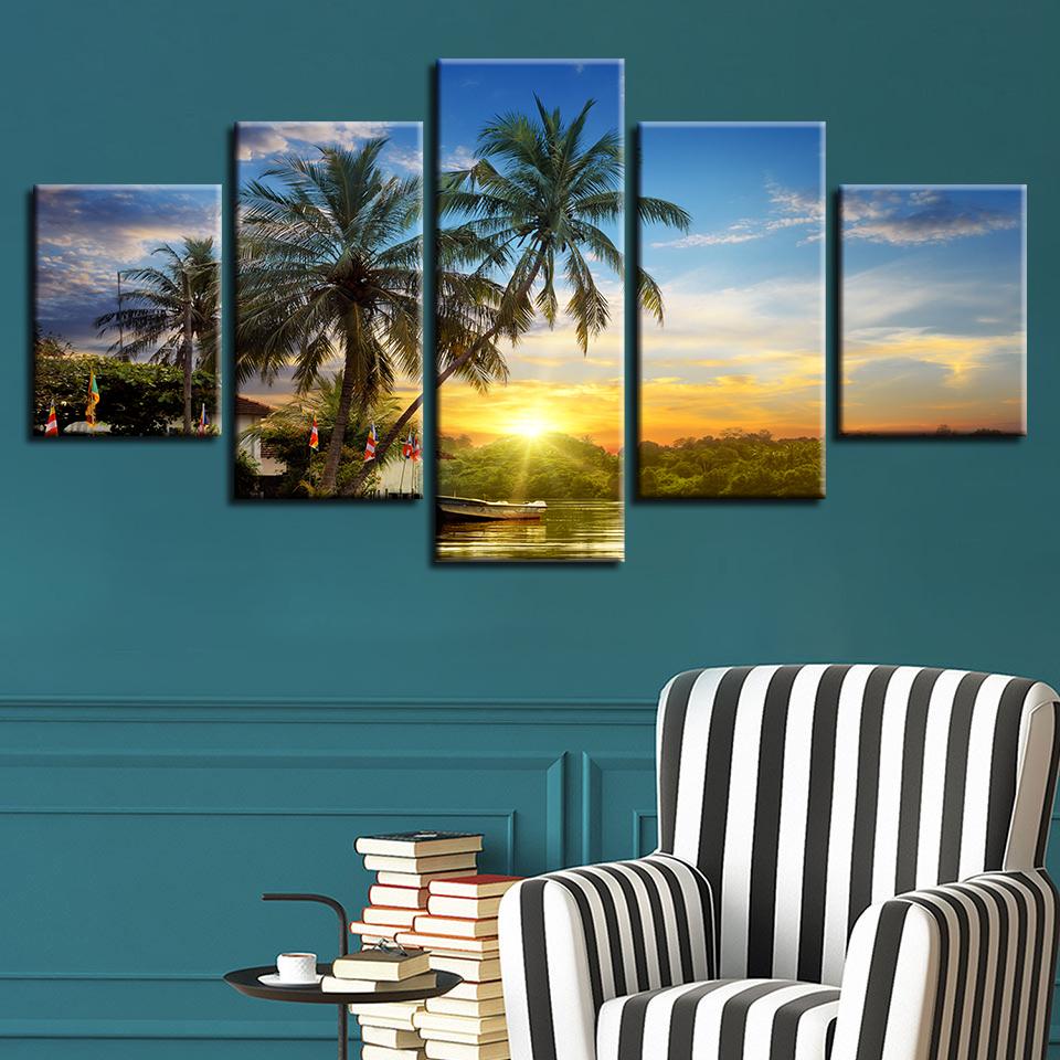 Palm Tree And Ship Sunset – Nature Canvas Wall Art