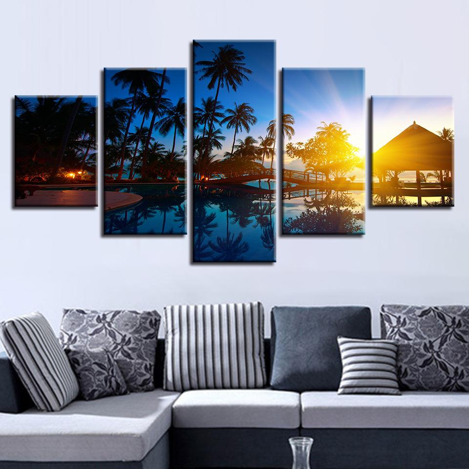 Palm Trees And House Sunrise Sunshine – Nature Canvas Wall Art