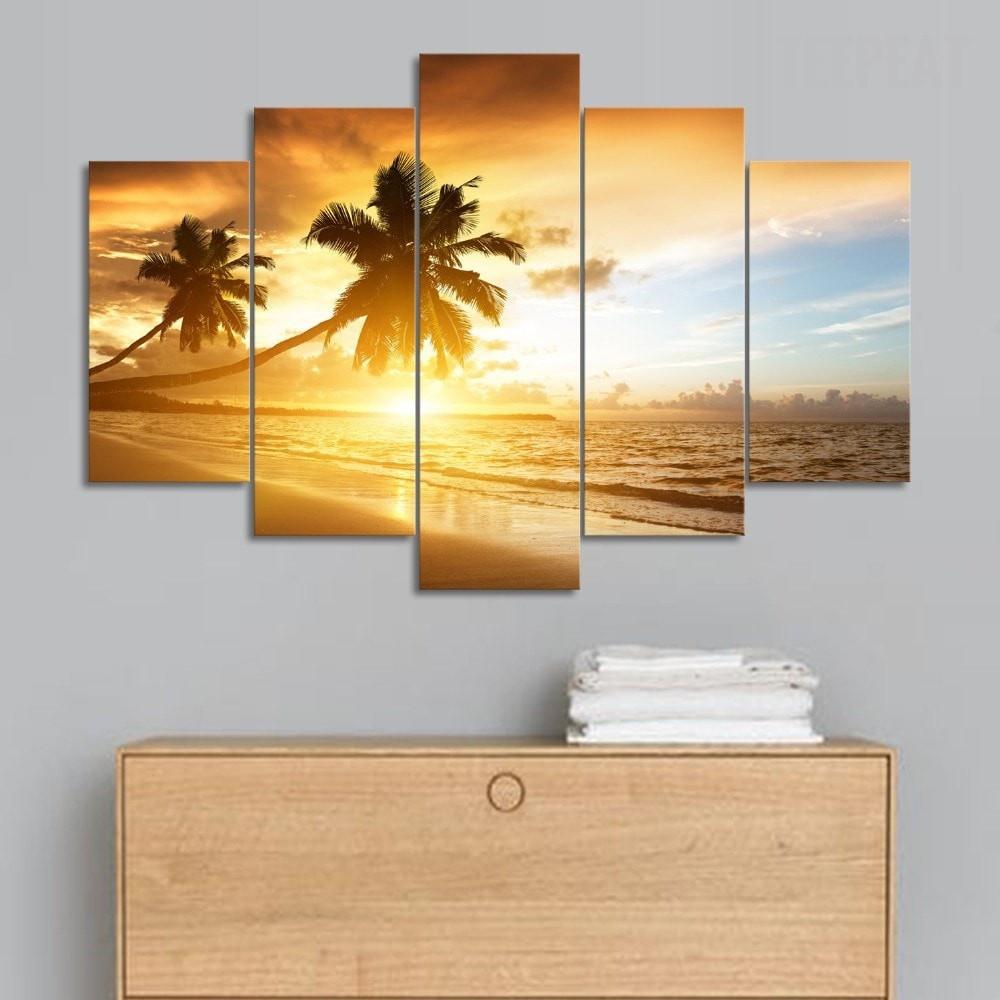Palm Trees, Sunset, And The Sandy Beach – Nature Canvas Wall Art