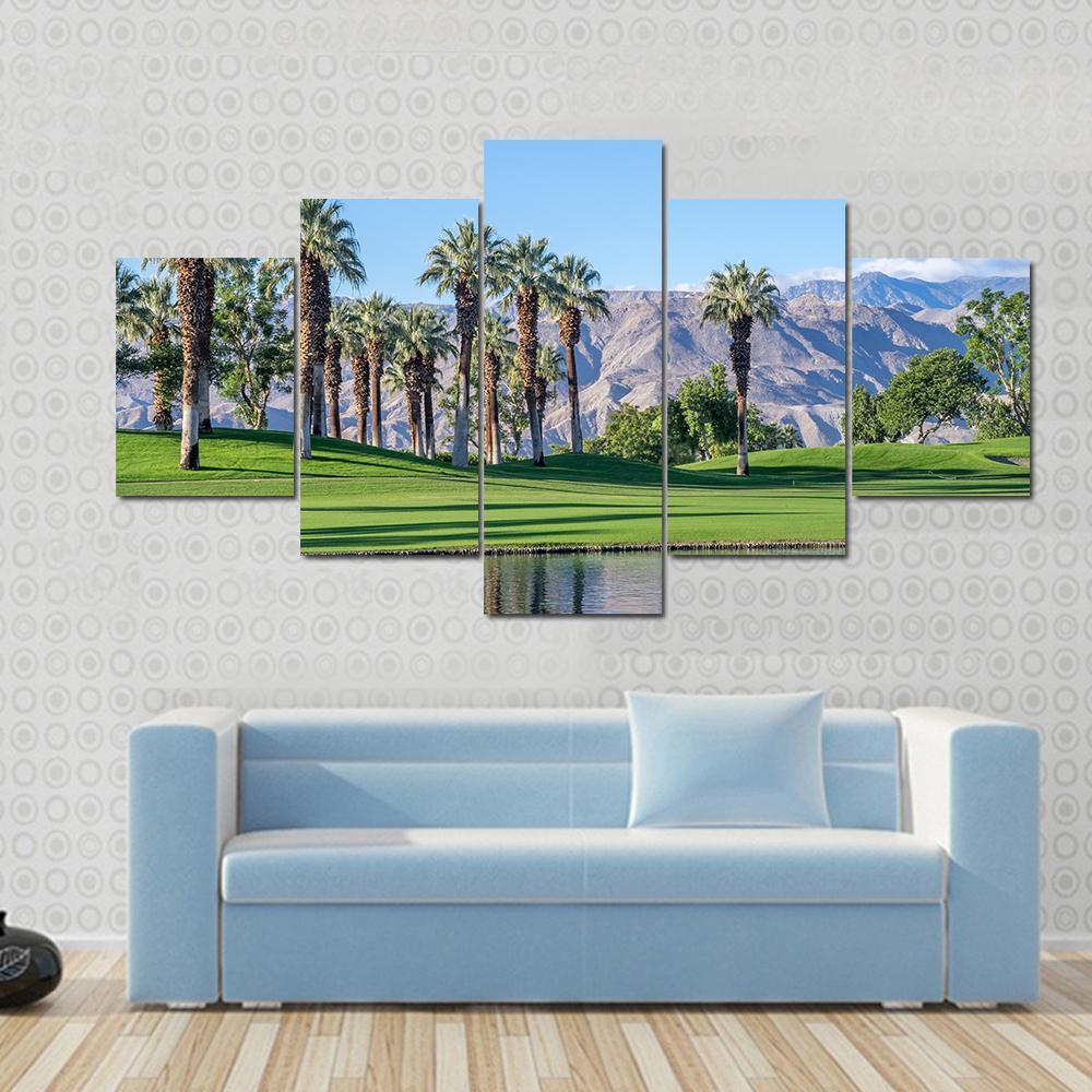 Palms Reflecting In Water On A Golf Course In Palm Desert California – Nature Canvas Wall Art