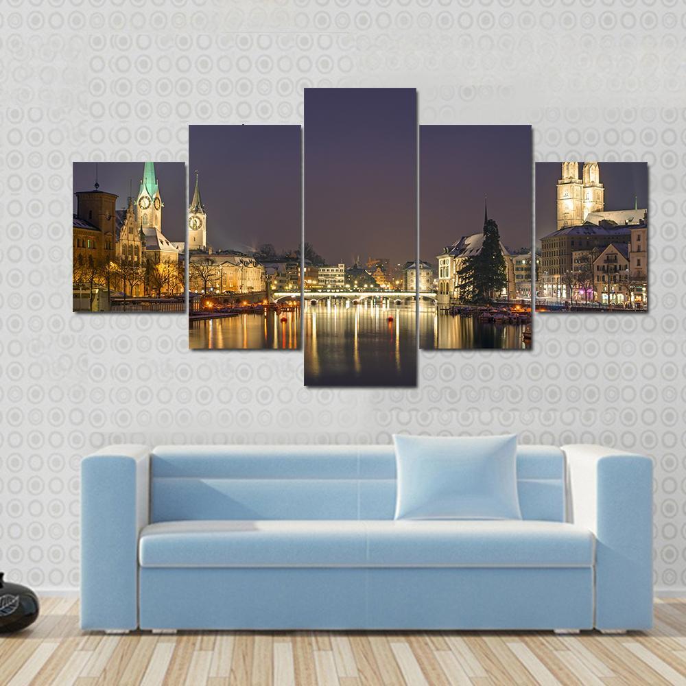 Panorama Of Zurich At Night, Switzerland – Nature Canvas Wall Art