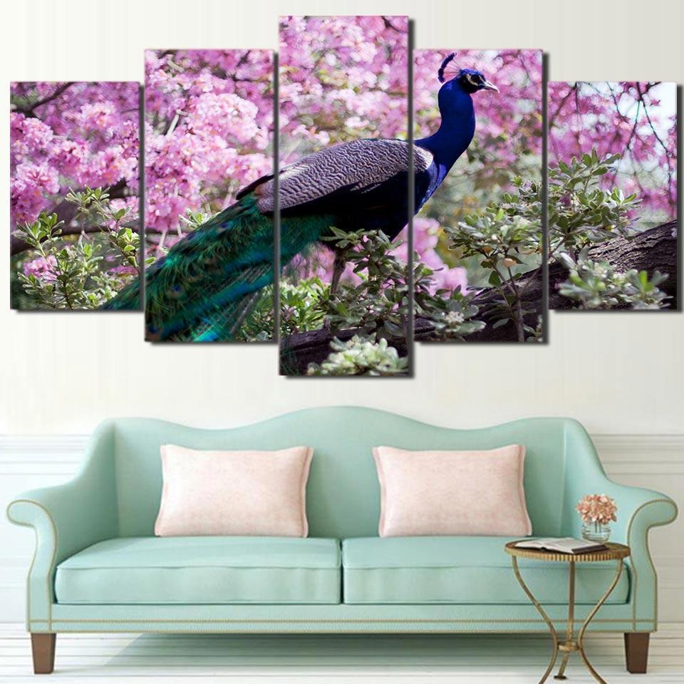 Peacock Color Feather Pink Flower – Animal Canvas Wall Art