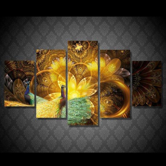 Peacock Couple Golden Abstract Peacock – Animal Canvas Wall Art