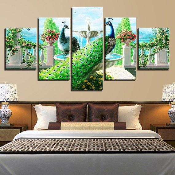 Peacock Couple Garden Fountain Peacock – Abstract Animal Canvas Wall Art