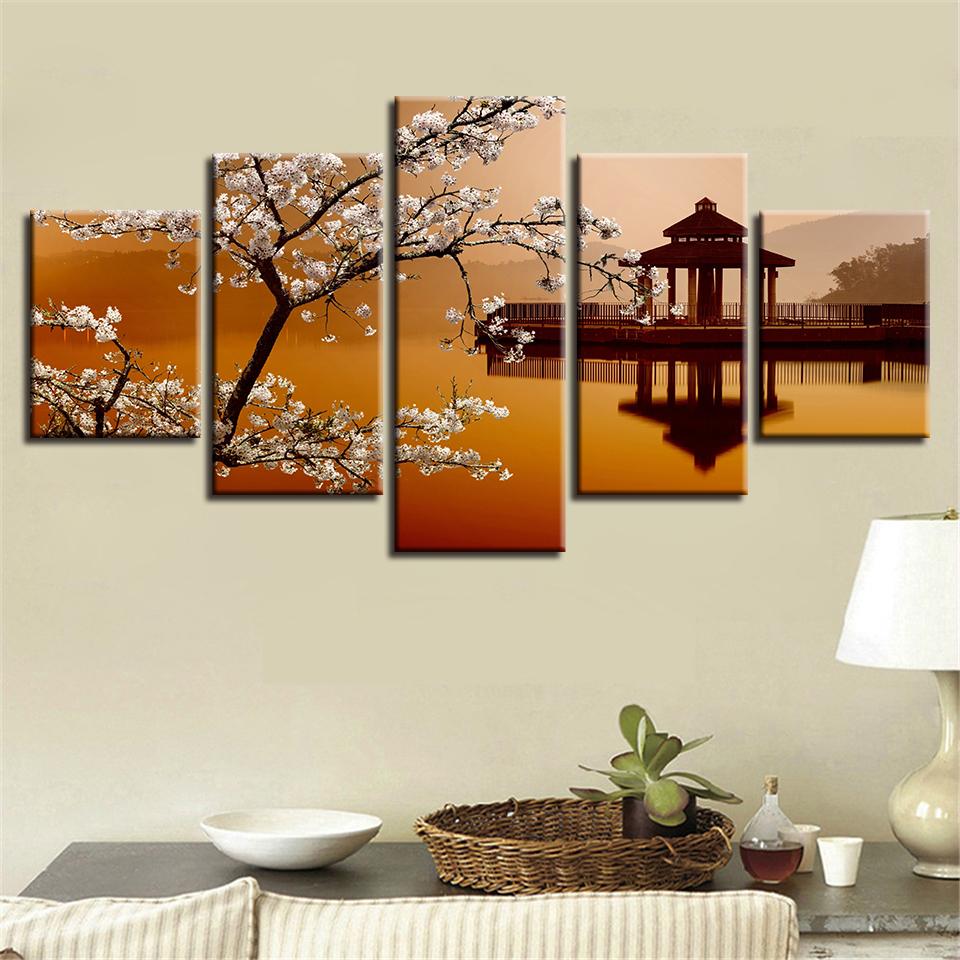 Pear Flower And Small Pavilion Retro Scenery – Nature Canvas Wall Art