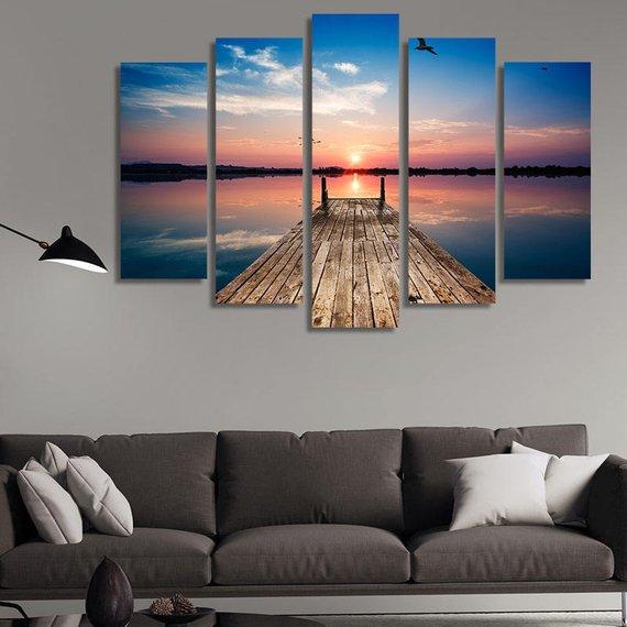 Perspective View Of A Wooden Pier On A Pond With Reflection At Sunset – Space Canvas Wall Art