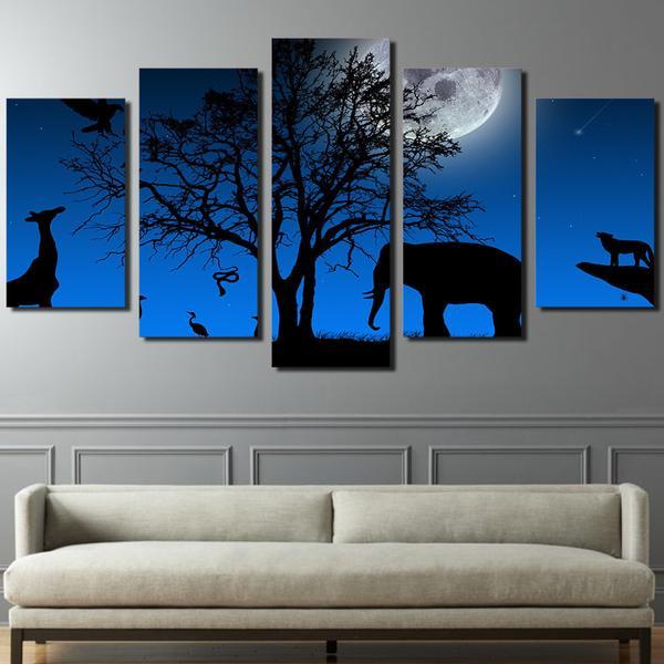 Peyzazh Derevo Vetki Krona Elephant Giraffe 01 – Animal Canvas Wall Art