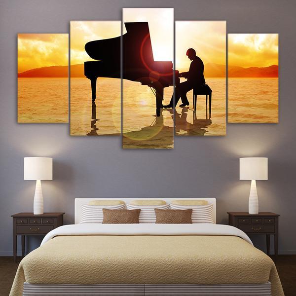 Piano Player Beach At Sunset – Music Canvas Wall Art