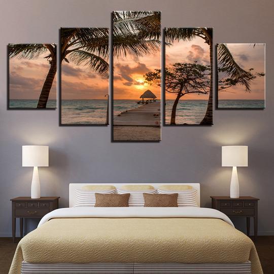 Pier On Tropical Beach At Sunset – Space Canvas Wall Art