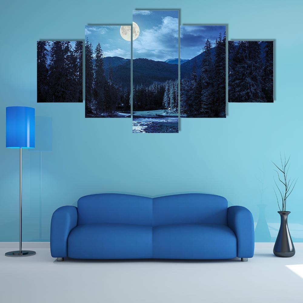 Pine Trees In Mountains And A River – Nature Canvas Wall Art