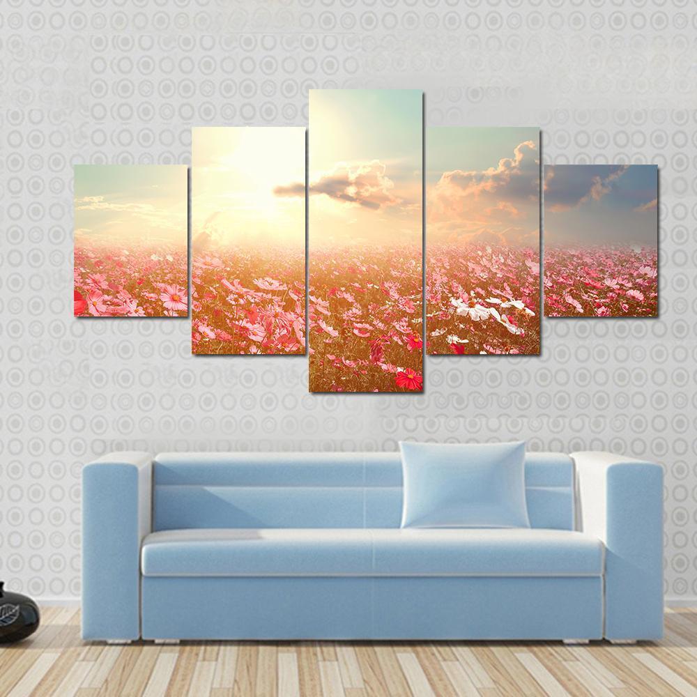 Pink And Red Cosmos Flower Field With Sunshine – Nature Canvas Wall Art