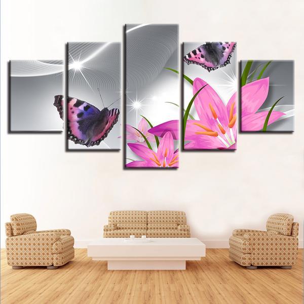 Pink Lilies Flowers And Butterfly Butterflies – Nature Canvas Wall Art