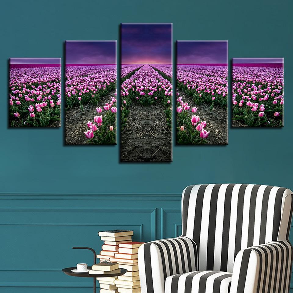 Pink Tulip Flower Field Sunset – Nature Canvas Wall Art