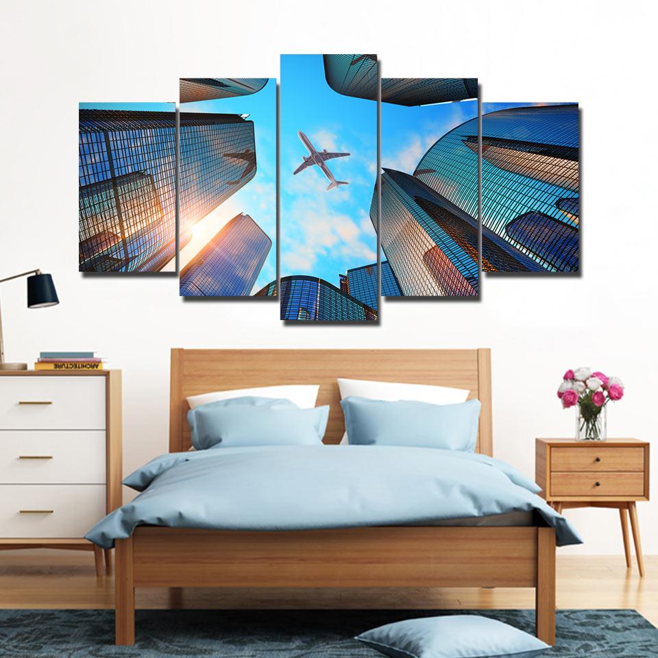 Plane On Sky Cityscape – Aircraft Canvas Wall Art