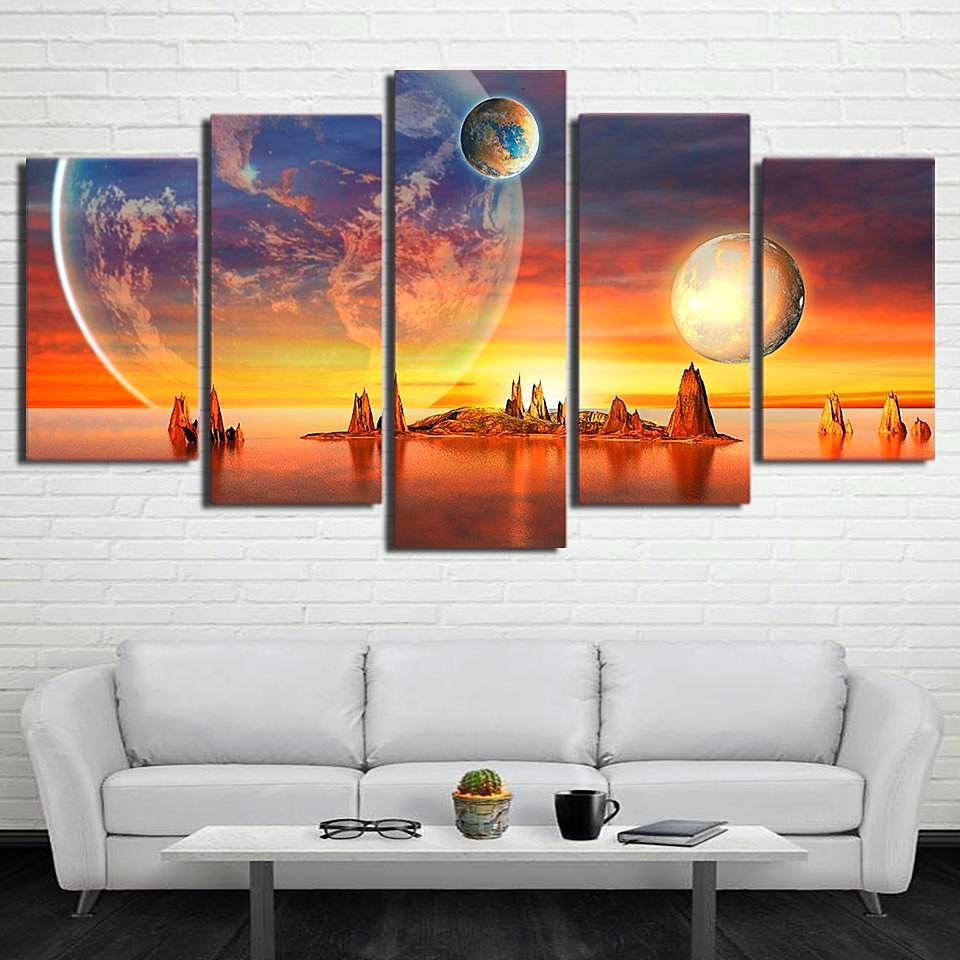 Planet Earth Moon Islands Sunset – Space Universe Canvas Wall Art